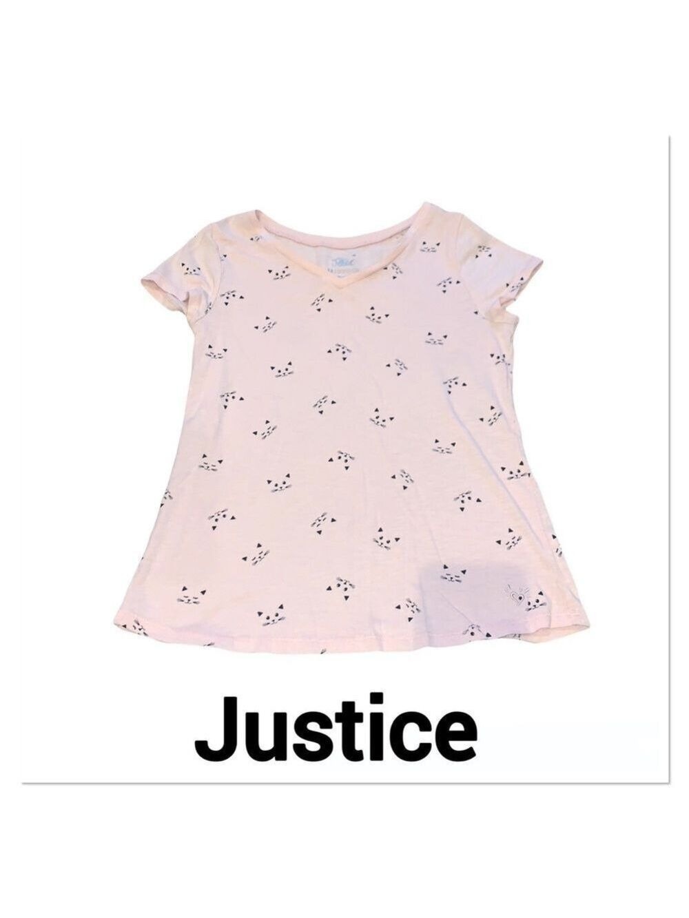 JUSTICE Pink Cat Print V Neck T-shirt size 14